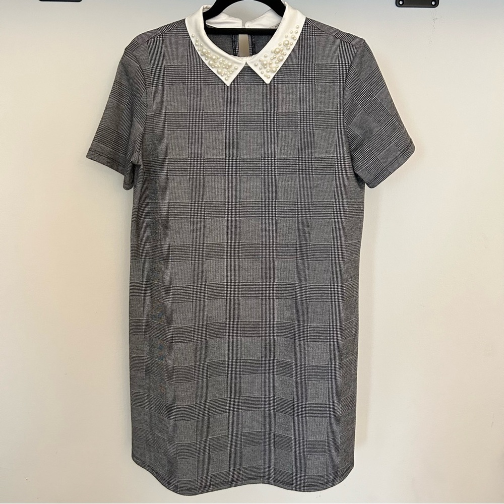 Zara Herringbone Mini Shirt Dress with Pearl Collar Academia Style size Medium